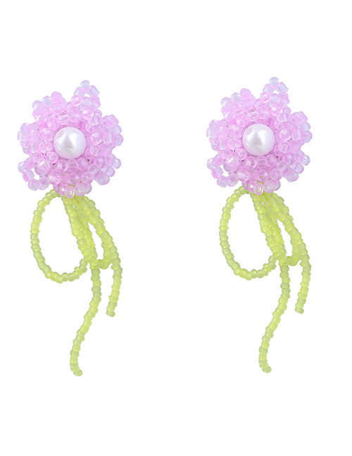 Fashion Purple Rice Beaded Braided Colorblock Floral Stud Earrings