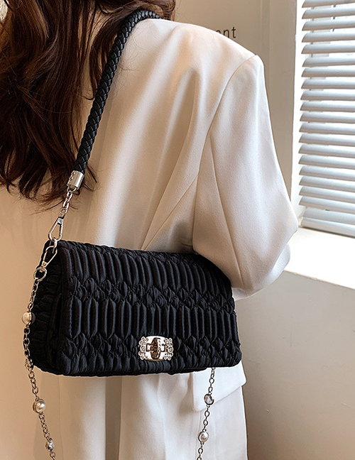 Fashion Black Pu Ruched Embroidered Thread Lock Flap Shoulder Bag
