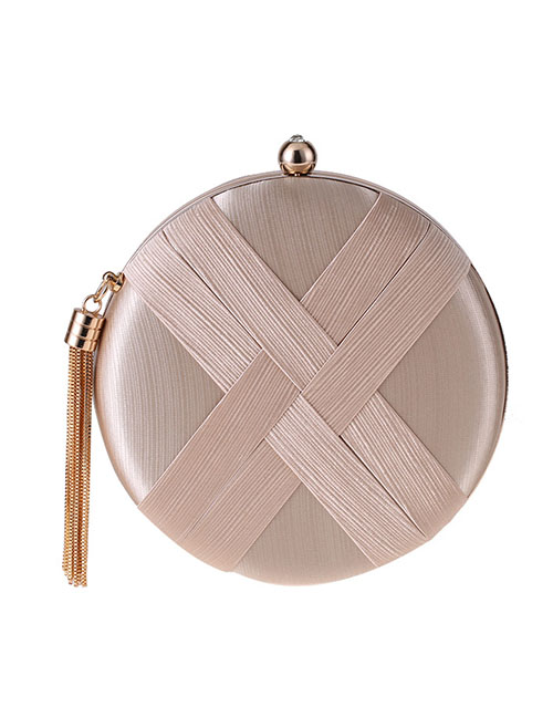 Fashion Apricot Polyester Crinkled Satin Woven Fringe Round Clutch