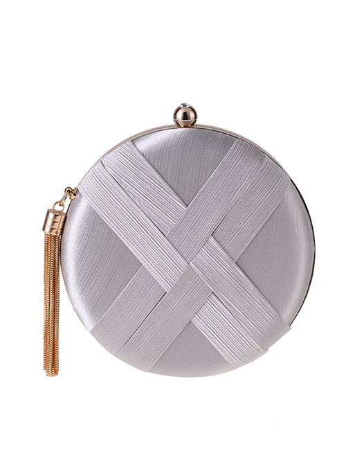 Fashion Silver Polyester Crinkled Satin Woven Fringe Round Clutch