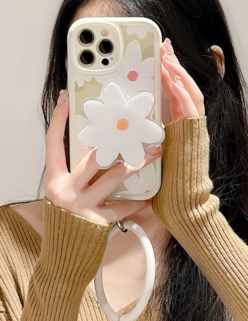Fashion White Flowers On Green Background + Bracelet Lanyard + Bracket Iphone7/8/se2 Silicone Flower Phone Case + Bracelet Lanyard