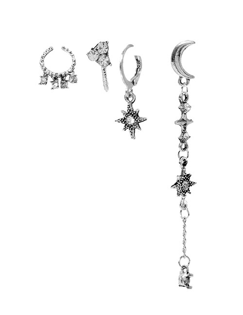 Fashion Silver Alloy Diamond Star And Moon Geometric Earrings Set