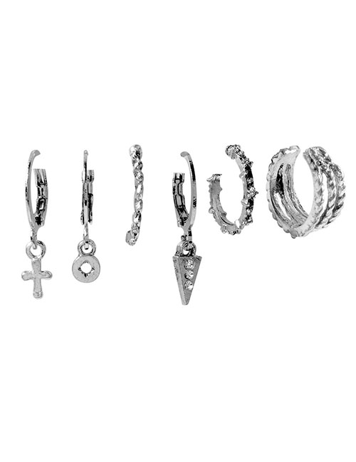 Fashion Silver Alloy Cross And Diamond Geometric Earrings Set