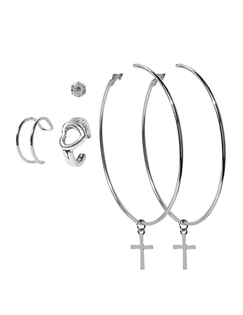 Fashion Silver Alloy Geometric Cutout Heart Cross Earrings Set