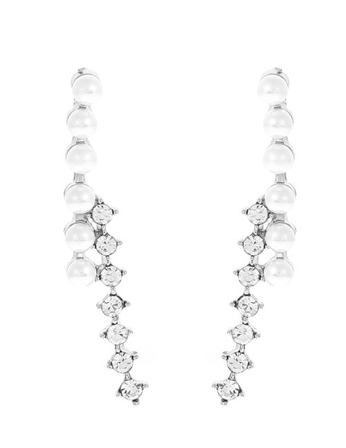 Fashion Silver Alloy Set Zirconium Set Pearl Curved Stud Earrings
