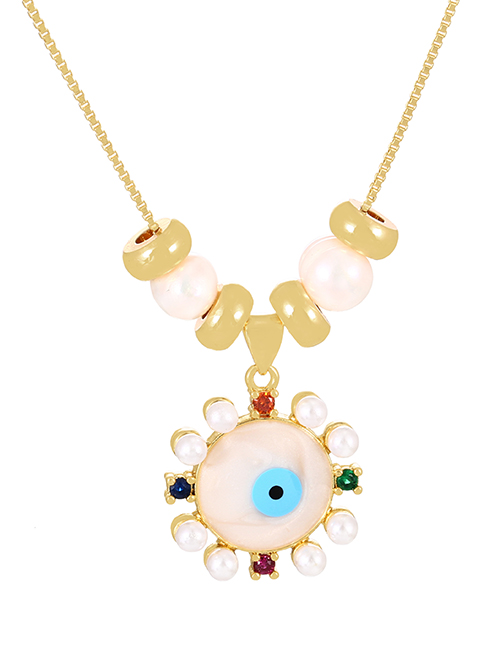 Fashion Gold Bronze Zirconium Round Oil Drop Eye Pearl Pendant Necklace