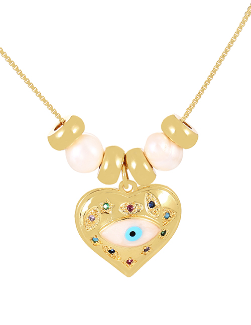 Fashion Gold-2 Bronze Zirconium Heart Drop Oil Eye Pearl Pendant Necklace