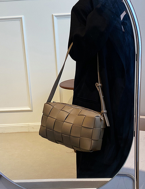 Fashion Khaki Pu Square Woven Large Capacity Crossbody Bag