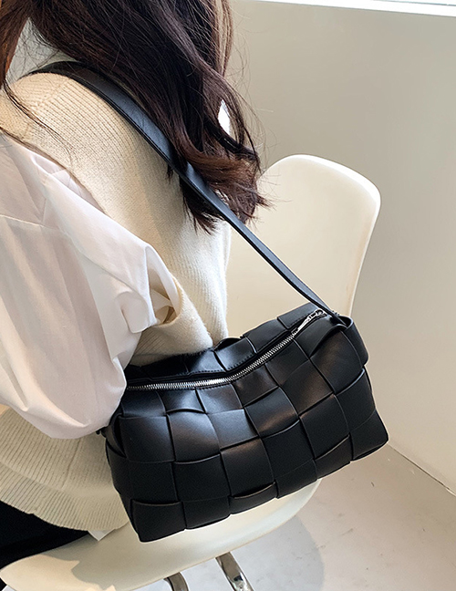 Fashion Black Pu Square Woven Large Capacity Crossbody Bag