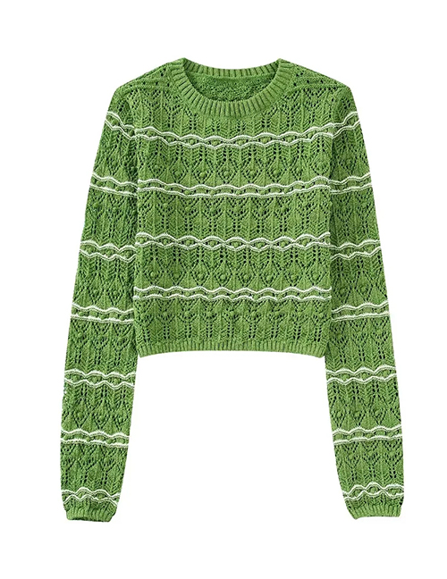 Fashion Green Textured Knit Crewneck Sweater