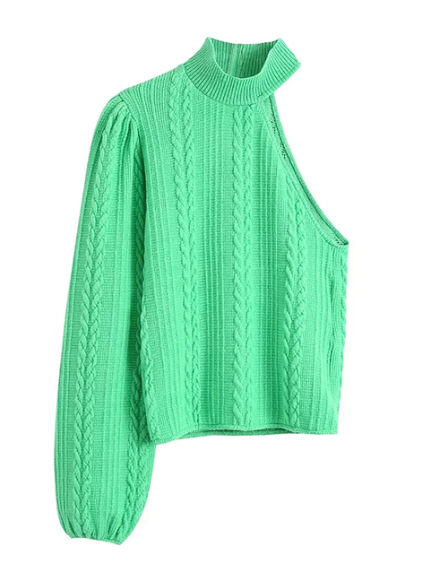 Fashion Green Geometric Knit Stand-up Collar Off-the-shoulder One-shoulder Top