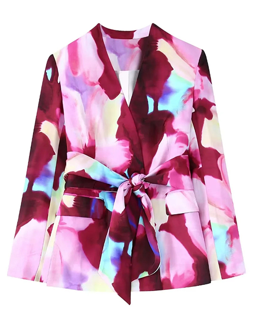 Fashion Color Woven Print Lace-up V-neck Jacket
