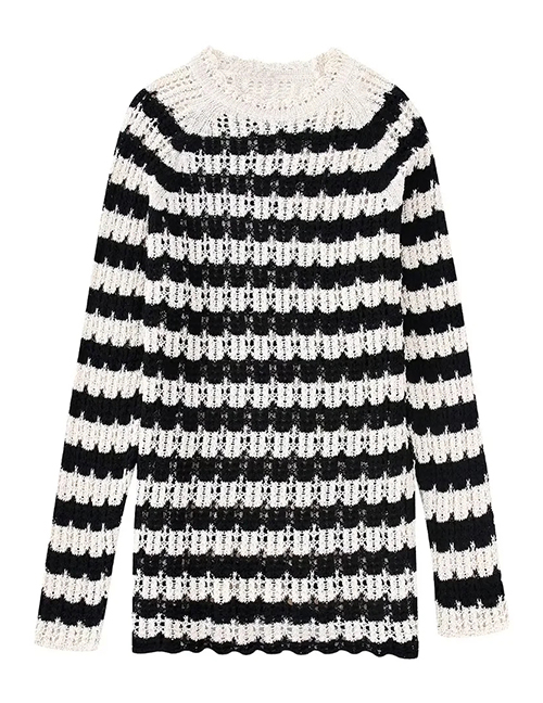 Fashion Black And White Striped Jacquard Mesh Sweater
