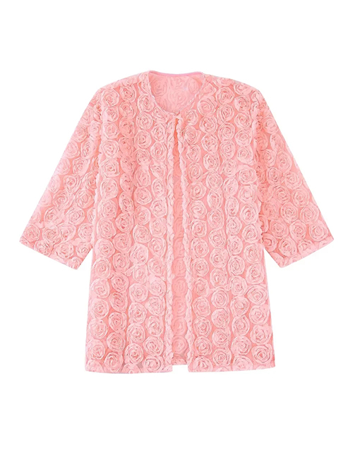 Fashion Pink Floral Textured Knitted Jacket