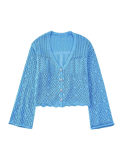 Fashion Blue Jeweled Button Knit Jacket