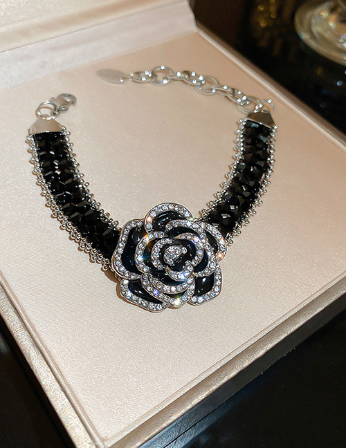Fashion Bracelet - Black Metal Diamond Camellia Bracelet