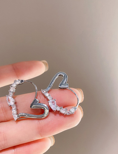 Fashion 15# Ear Buckle - Silver Metal Diamond Heart Stud Earrings