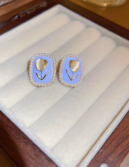 Fashion Blue Pearl Tulip Square Stud Earrings In Metal