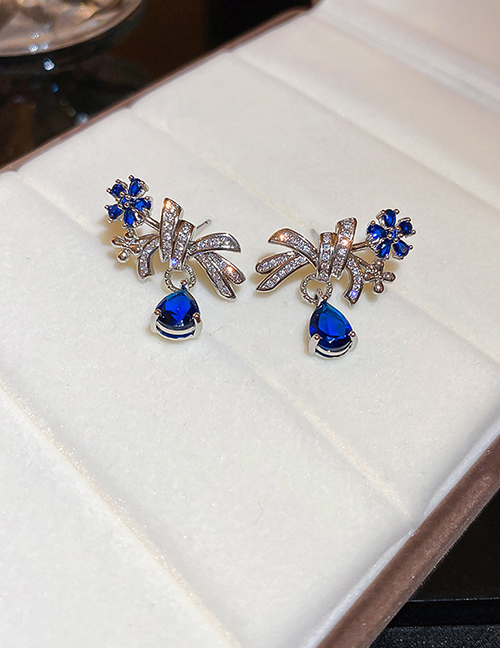Fashion Blue Metal Zirconium Geometric Flower Stud Earrings