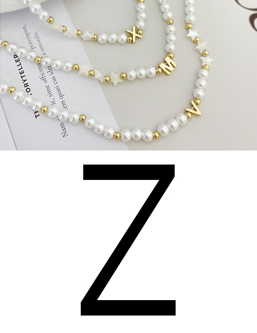 Fashion Z Copper Pearl Beaded 26 Letter Shell Pentagram Necklace