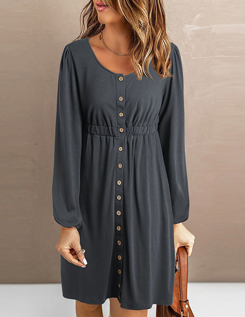Fashion Grey Solid Breasted Crew Neck Puff Sleeve Dress