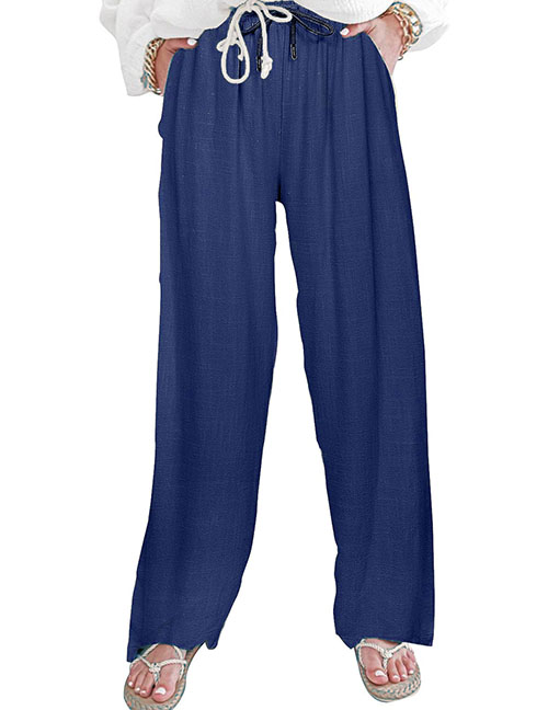 Fashion Blue Cotton And Linen Lace-up Straight-leg Trousers