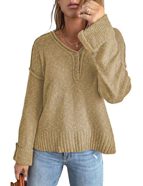 Fashion Khaki Polyester Knit V-neck Sweater