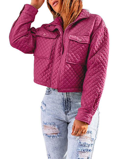 Fashion Rose Red Polyester Quilted Quilted Lapel Jacket
