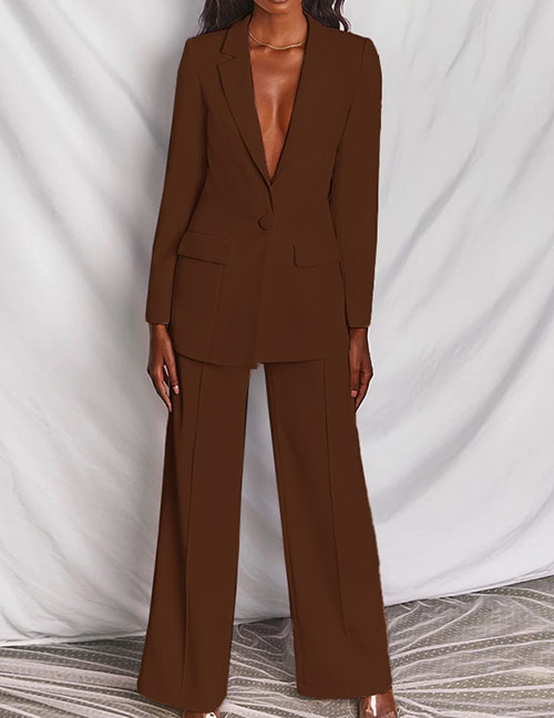 Fashion Brown Polyester Pocket Blazer Straight-leg Trousers Set