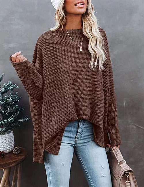 Fashion Brown Polyester Waffle Knit Cross-shoulder Top