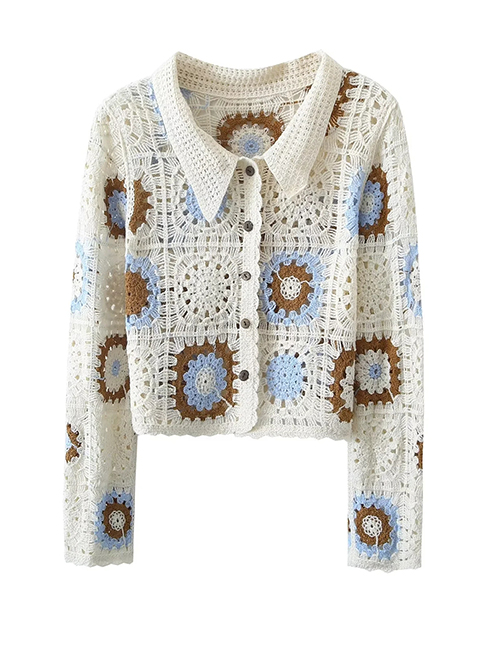 Fashion Creamy-white Lapel Crochet Knit Cardigan