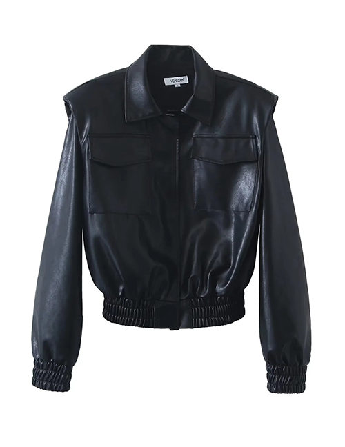 Fashion Black Leather Lapel Buttoned Jacket