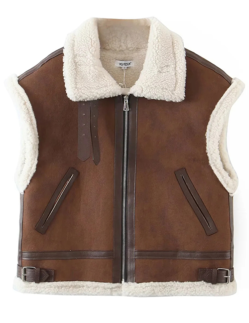 Fashion Brown Suede Lapel Zip Vest