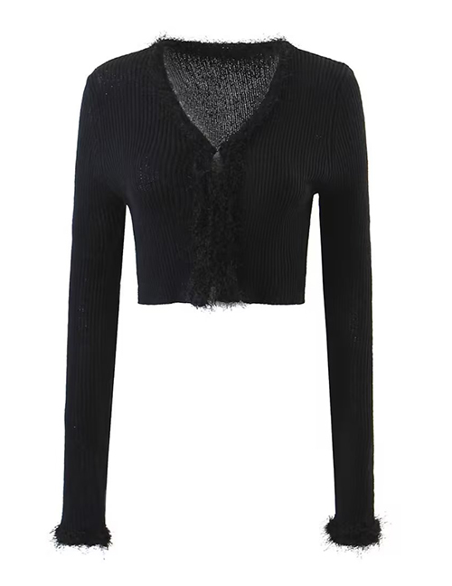 Fashion Black Knitted Cardigan With Fur Collar