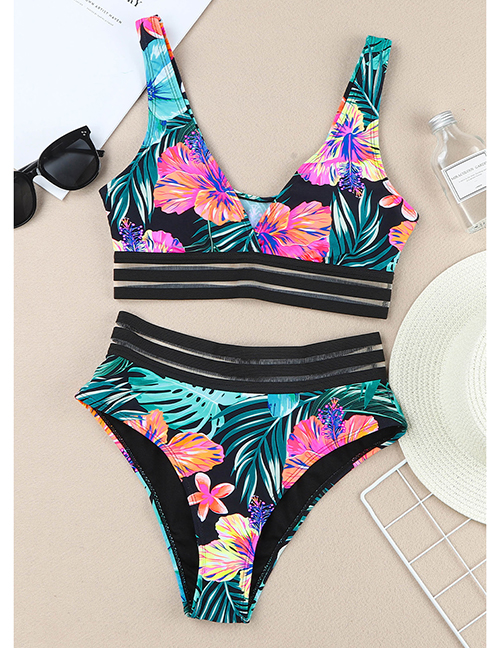 Fashion Color Nylon Print High Waist Split Swimsuit