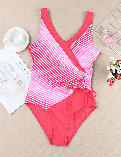 Fashion Rose Red Polyester Stripe Panel V-neck One Piece Swimsuit