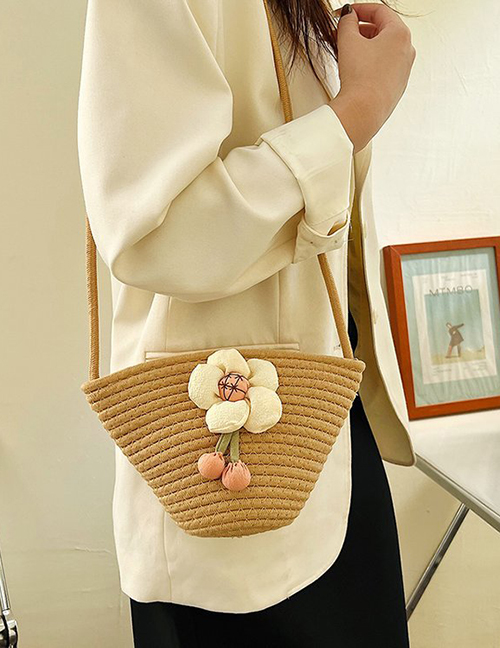 Fashion Khaki Straw Flower Large Capacity Crossbody Bag