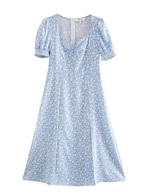 Fashion Blue Flowers Square Neck Short Sleeve Slit Dress
