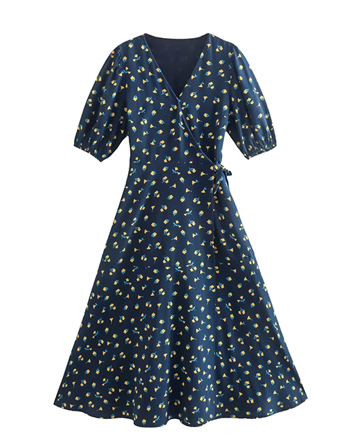 Fashion Blue Geometric Print V-neck Lace-up Dress