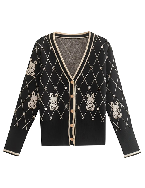 Fashion Black Contrast Animal Jacquard Corespun Cardigan Jacket