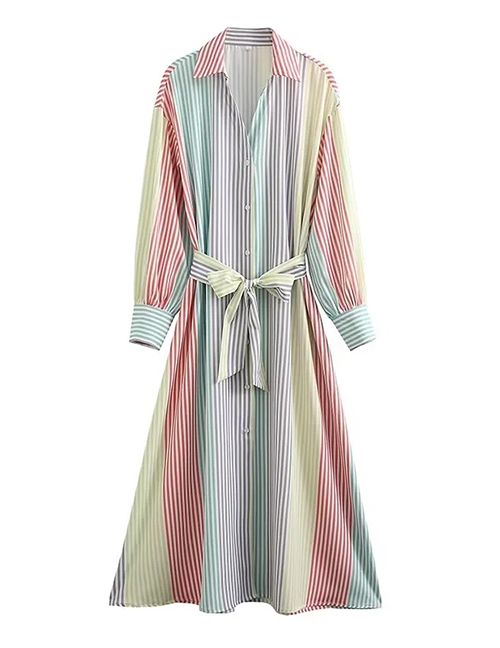Fashion Color Colorblock Striped Shirt Dress