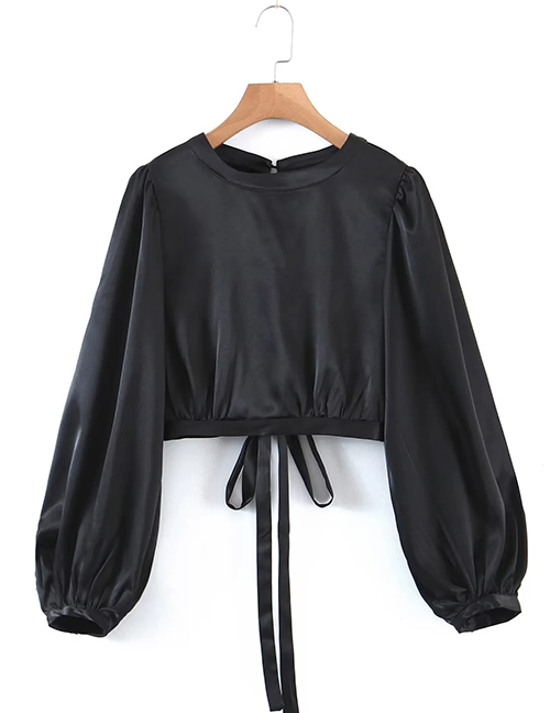 Fashion Black Satin Puff Sleeve Lace-up Top