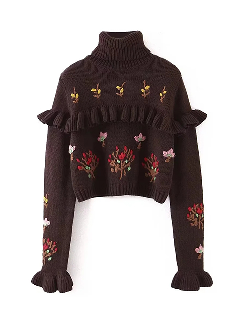 Fashion Dark Brown Acrylic Floral Embroidered Lace Turtleneck Sweater