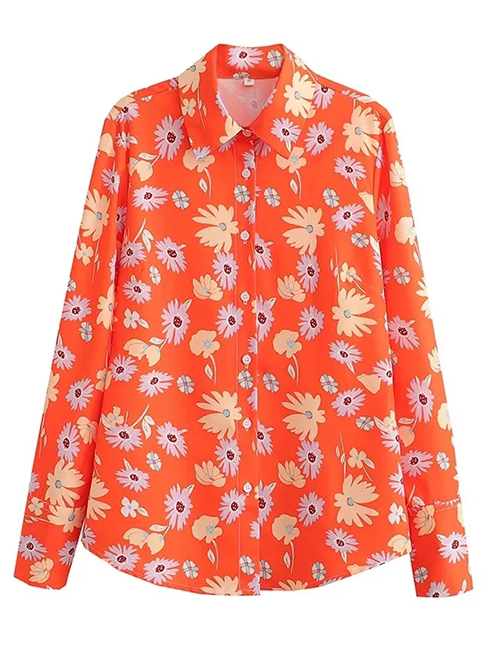 Fashion Orange Geometric Print Button-up Shirt