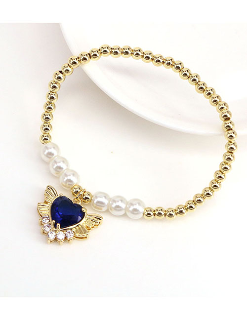 Fashion Navy Blue Brass Gold Plated Beaded Zirconium Wings Heart Bracelet