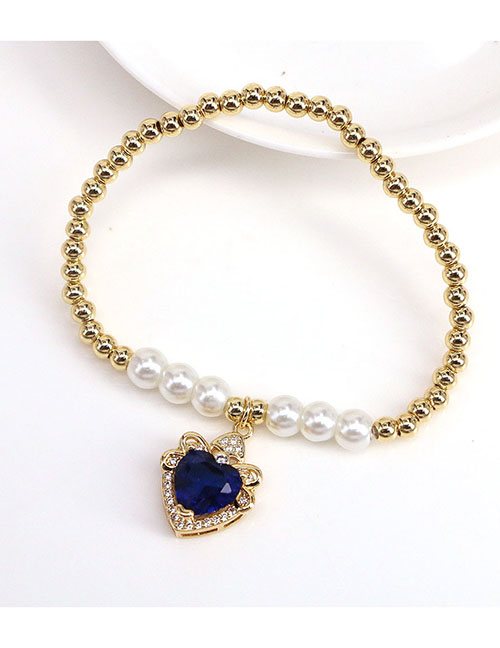 Fashion Navy Blue Brass Gold Plated Beaded Diamond Heart Bracelet
