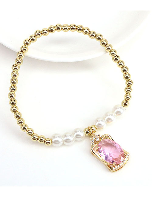 Fashion Pink Brass Gold Plated Beaded Oval Diamond Bracelet