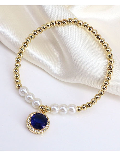 Fashion Navy Blue Gold Plated Copper Beaded Round Zirconium Bracelet