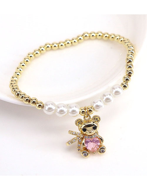 Fashion Pink Brass Gold Plated Beaded Diamond Heart Bear Bracelet