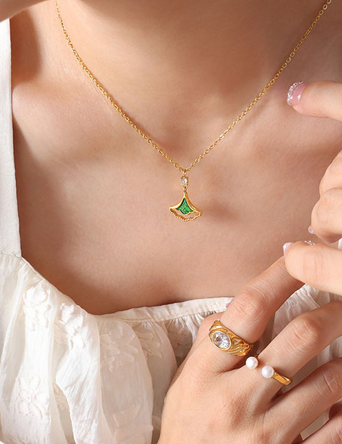 Fashion Gold Necklace-40+5cm Titanium Steel Diamond Laser Ginkgo Leaf Necklace